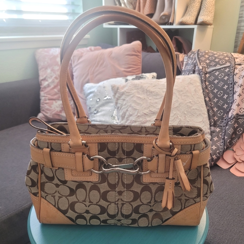Lovely Tan and Brown Coach Satchel Silver Hardware